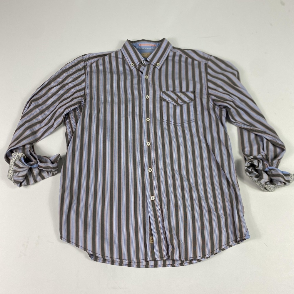 Tommy Bahama Jeans Shirt Mens Medium Brown Blue Stripe Button Down Cotton Casual